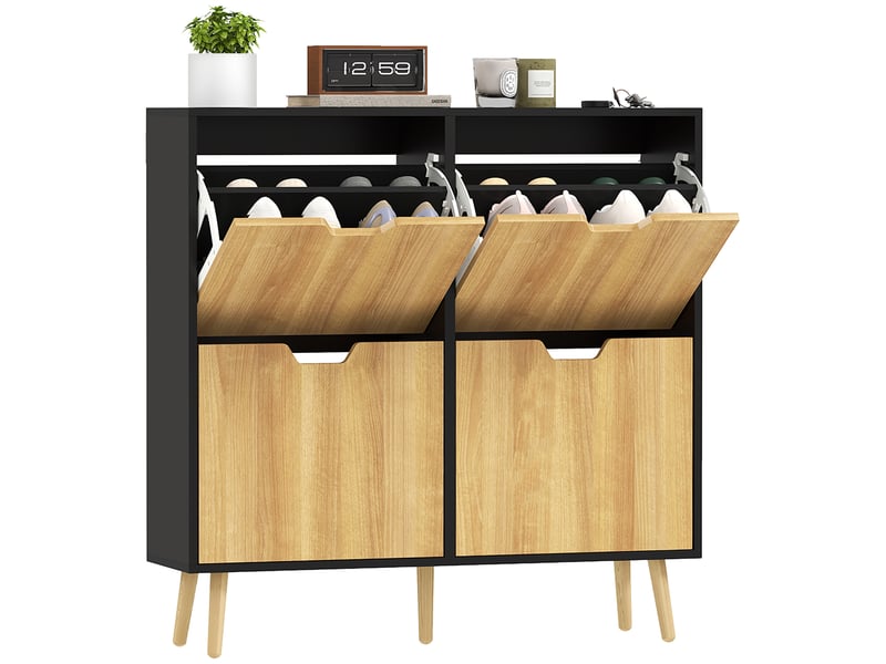  Meuble à chaussures étroit avec 4 tiroirs abattants et étagères réglables pour 16 paires, 95 x 26 x 95 cm, naturel et noir  - Conforama A