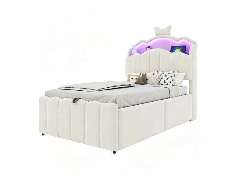 Lit d'enfant rembourré de 90 x 200 cm, avec rangement hydraulique, équipé de ports de recharge usb et usb-c, en velours, beige - Conforama A