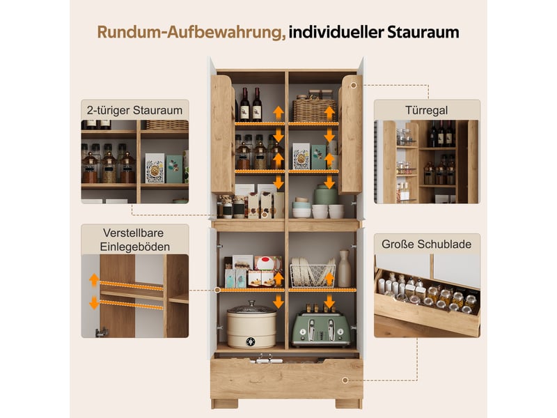 Armoire de rangement cuisine 80x35x180 cm blanche et effet bois avec tiroir, étagères réglables et rangements de porte - Conforama E