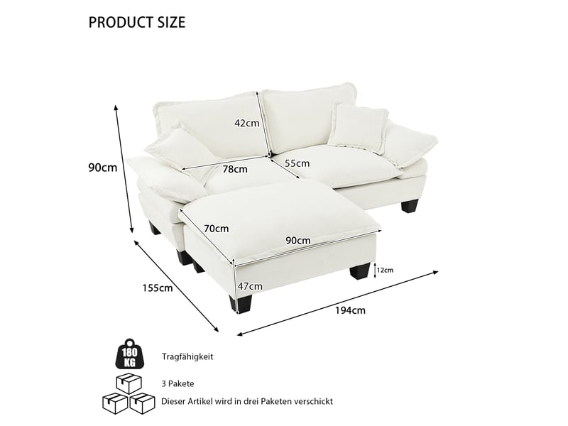 Canapé d’angle modulable en l, 1 pouf mobile, 2 coussins, mousse haute densité, 194 × 151 × 90 cm, chenille beige - Conforama C