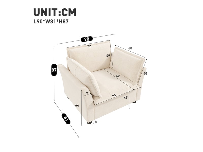  Canapé 1 place en tissu chenille beige avec led intégrée et coussins amovibles pour salon  - Conforama C