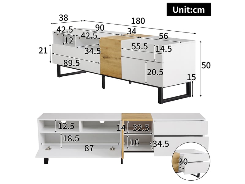  Meuble tv 180 x 38 x 50 cm, 2 tiroirs et 2 portes, blanc et décor bois  - Conforama C