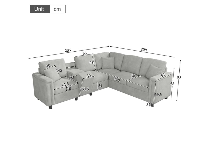 Canapé d'angle modulable 5 places en chenille gris clair, console de rangement, ports usb et usb-c, liseuse - Conforama C