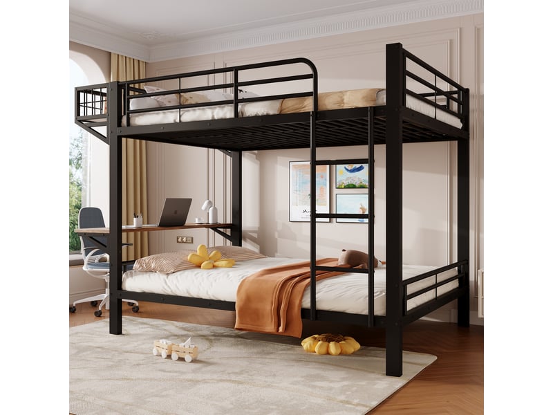  Lit superposé 140 x 200 cm – avec bureau – avec barrières de sécurité – avec échelle – noir (matelas non inclus)  - Conforama E