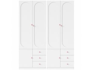 Armoire 2 portes avec tiroirs, penderie, finition blanche, poignées roses, grand rangement, 2 pièces