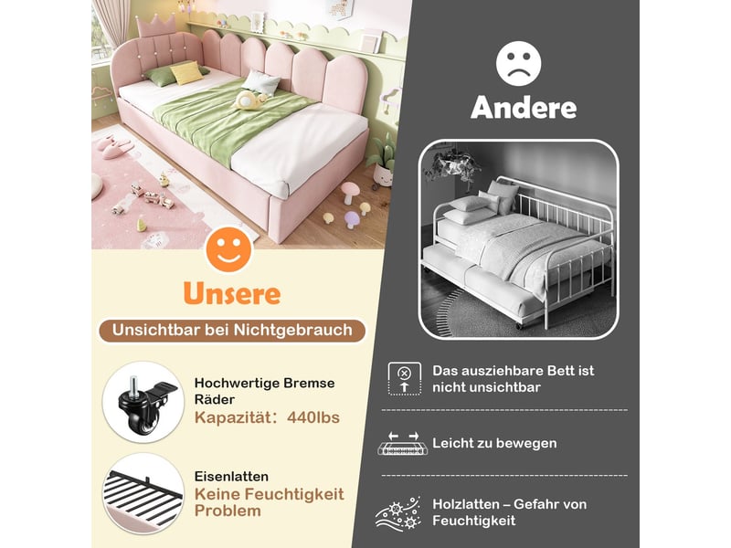  Lit gigogne 90 x 200 cm lit d'appoint à tiroir forme en l velours rose design couronne et grille gain de place  - Conforama E