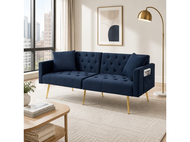 Canapé 2 places convertible avec dossier réglable - coussins assortis, pieds en métal, velours - bleu - Conforama B
