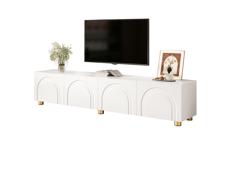  Meuble tv 180x35x40 cm - meuble bas avec 4 portes, façades à relief arqué, rangement pour salon et pieds en métal  - Conforama A