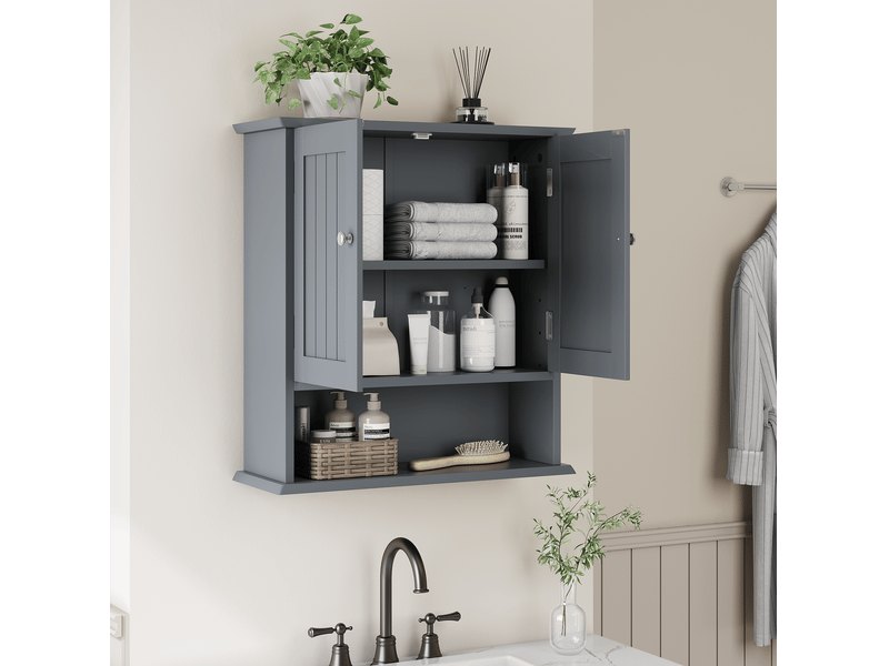 Armoire de salle de bains murale 54,6 x 19,8 x 60 cm avec 2 portes et étagère ouverte, mdf gris clair - Conforama E