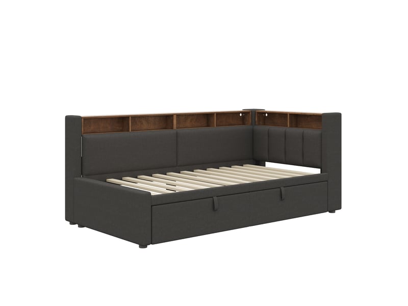 Canapé-lit rembourré 90x200 cm extensible 180x200 cm,éclairage led,tête de lit d'angle avec rangement,lit de jour,tissu lin,sans matelas,gris - Conforama R