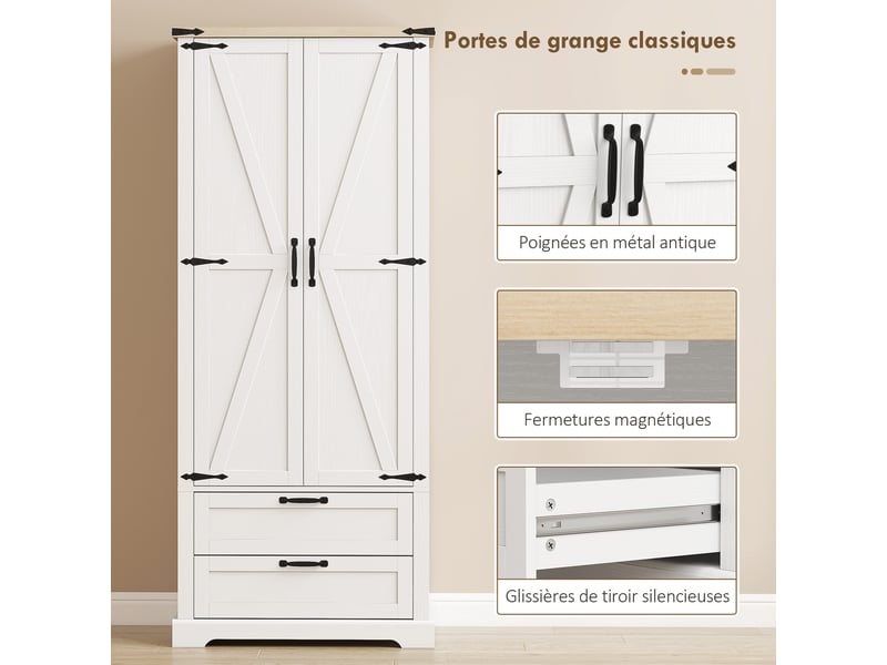  Buffet haut cuisine, armoire de cuisine avec 2 portes, 2 tiroirs, étagères réglables, style rustique, blanc, 76x40x180cm  - Conforama E