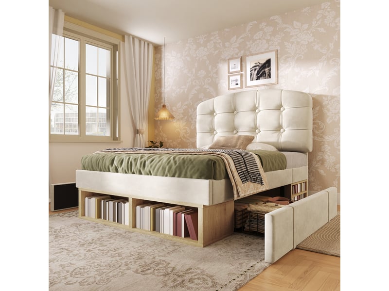  Lit simple pour enfant, avec tête de lit incurvée à hauteur réglable, tiroirs et espaces de rangement, en velours, beige - 90 x 200 cm  - Conforama D