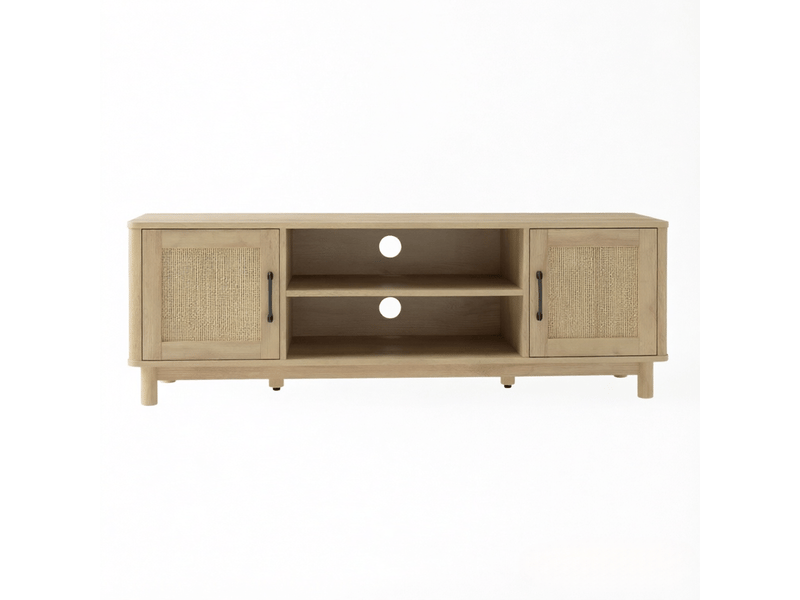  Meuble tv avec 2 portes, 2 niches ouvertes et passe-câbles, pour salon, finition chêne, 135 × 39 × 45 cm  - Conforama A