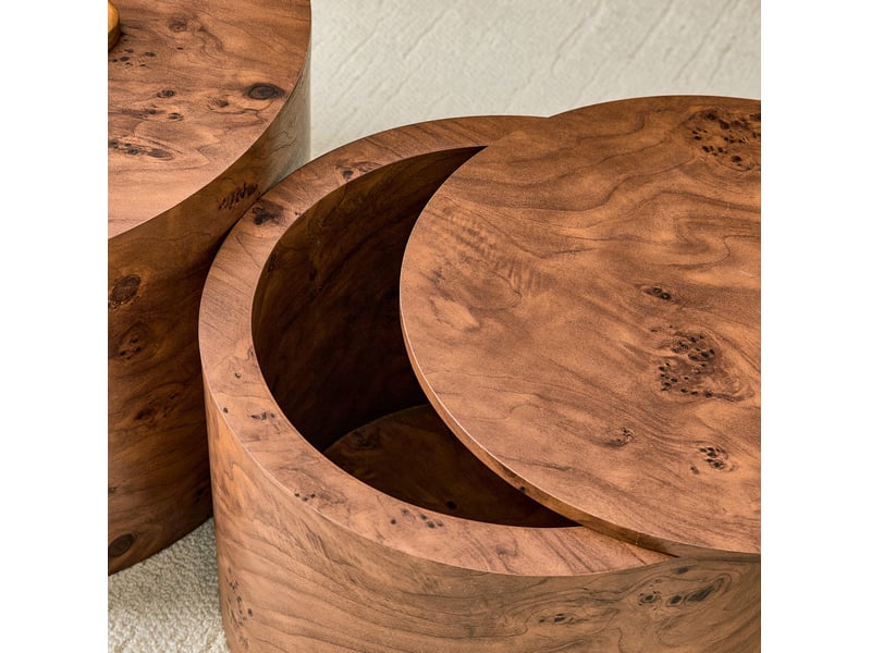  Tables basses gigognes avec rangement intérieur et couvercle amovible, forme ronde, en mdf décor bois, marron  - Conforama E