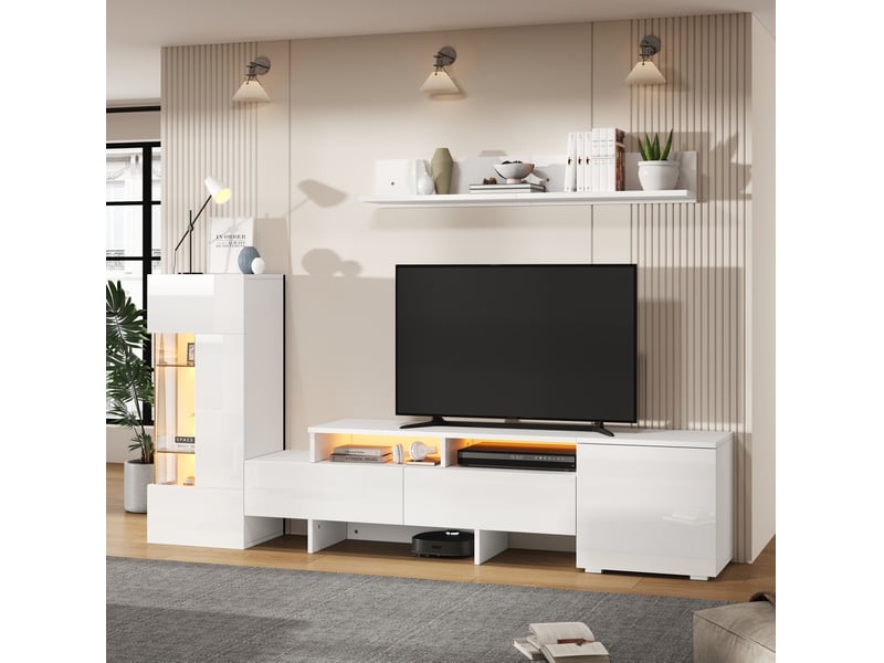  Ensemble meuble tv modenvie 3 pièces led blanc pour téléviseur jusqu'à 70 pouces  - Conforama E