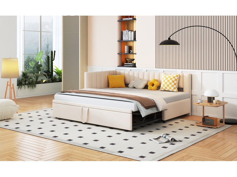 Canapé-lit en l gigogne 90 x 200 cm, extensible en 180 x 200 cm, velours beige - Conforama W