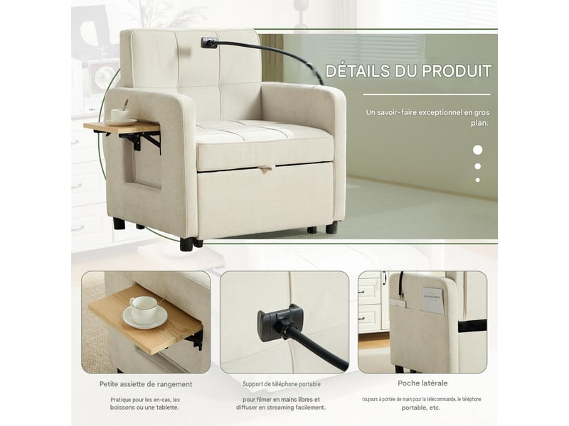 Fauteuil convertible en tissu chenille beige avec coussin W3056S00047 - Conforama D