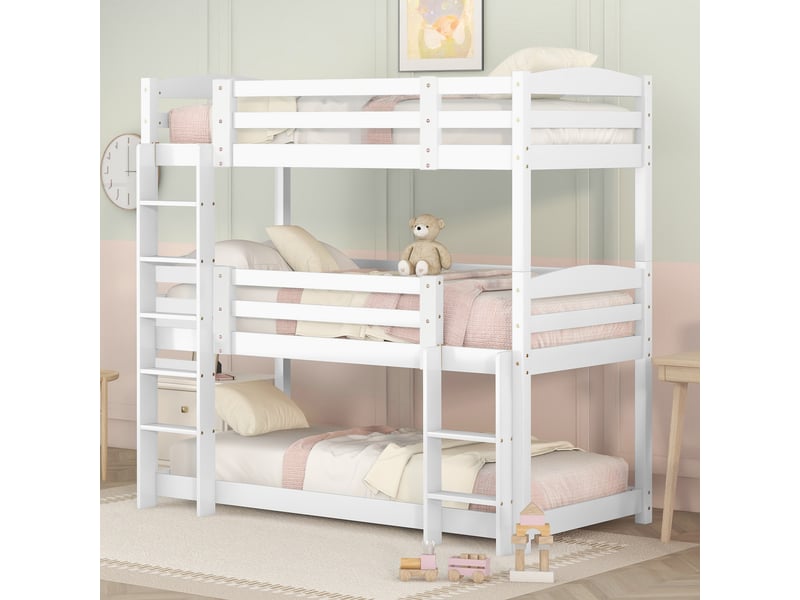  Lit superposé 3 places en bois blanc, lit enfant 90x200 cm séparable avec barrières de sécurité et échelles, sans matelas  - Conforama B
