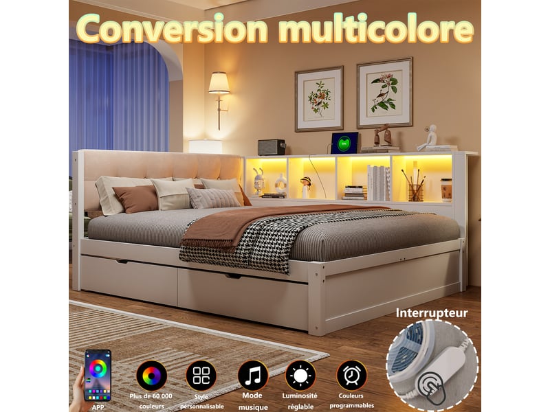  Lit de jour 140x200 en pin massif avec tiroirs, étagères et led  - Conforama R