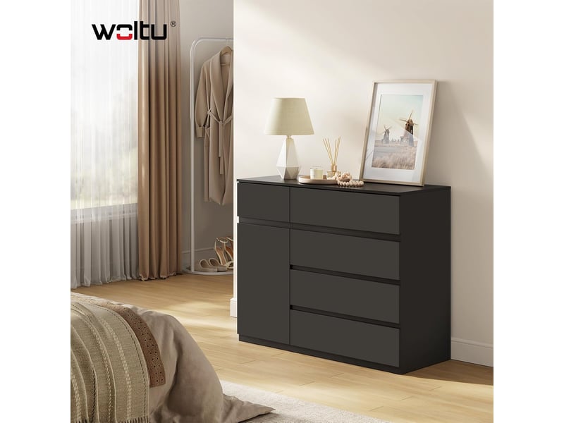Commode chambre, avec 5 tiroirs et 1 placard , en bois d'ingénierie, 100x40x80 cm, noir  - Conforama B