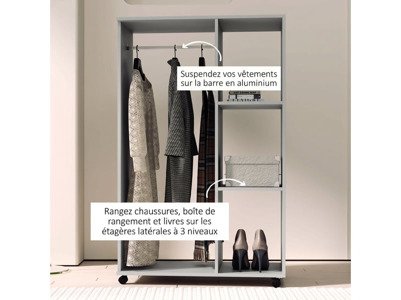  Armoire penderie meuble de rangement mobile 4 roulettes avec étagères ouvertes et tringle à vêtements, gris  - Conforama W