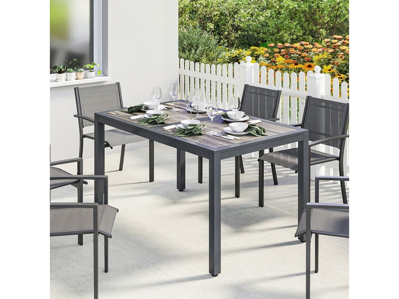Table de jardin pour 4 à 6 personnes, table à manger extérieure avec plateau à effet bois, 140 x 80 x 72 cm, gris foncé - Conforama C