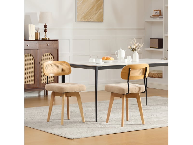  Lot de 2 chaises pivotantes 360° en chenille kaki, dossier en rotin tressé, style mid-century moderne  - Conforama D