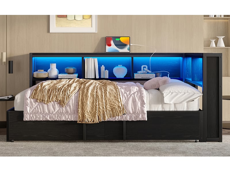  Lit gigogne 90x200 cm -avec rangements et led - métal, mdf, noir  - Conforama E