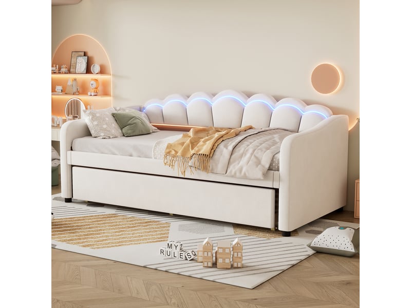 Lit banquette beige 90x200 cm en velours avec lit gigogne et led multicolore - Conforama B
