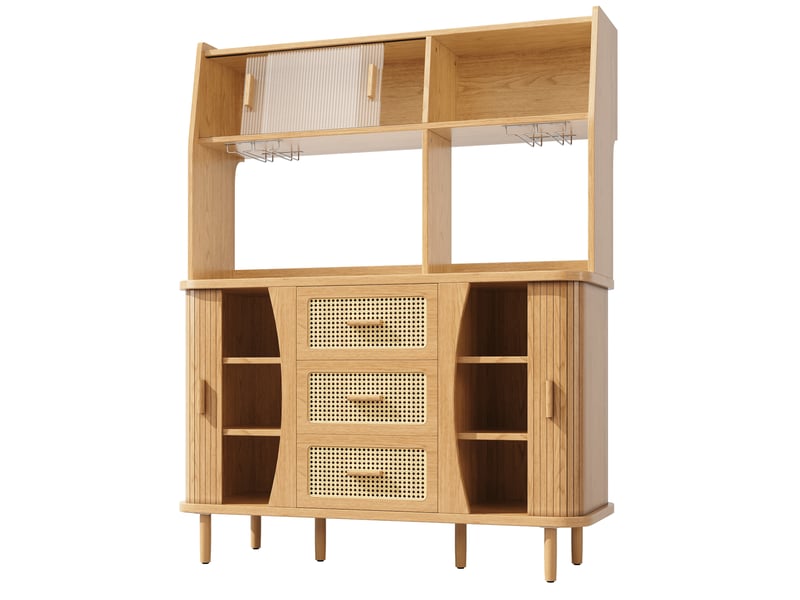  Buffet de cuisine avec portes coulissantes en verre, meuble de rangement haut 174 cm, aspect bois naturel et rotin  - Conforama D