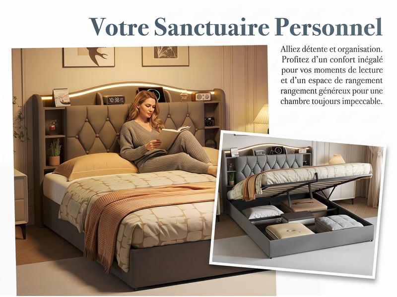  Lit coffre rembourré 160x200 cm - velours - avec éclairage led et port usb - tête de lit avec rangement  - Conforama E