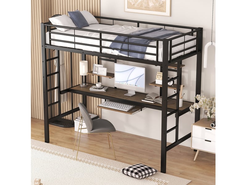  Lit mezzanine 90x200 cm en métal avec bureau, 2 étagères et échelle noire  - Conforama B