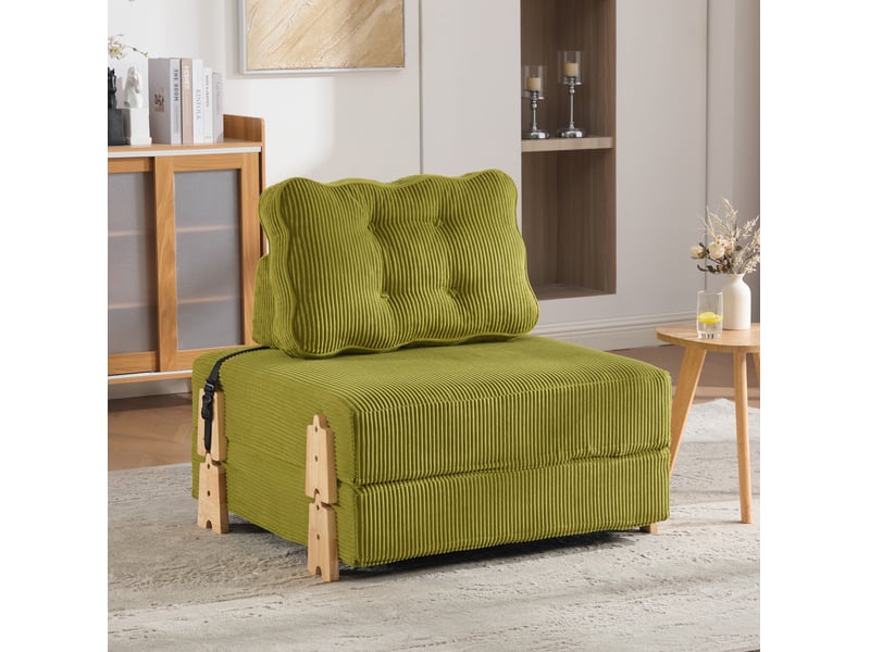 Fauteuil convertible 1 place avec dossier rembourré ergonomique et pieds en bois, en velours côtelé olive - Conforama B