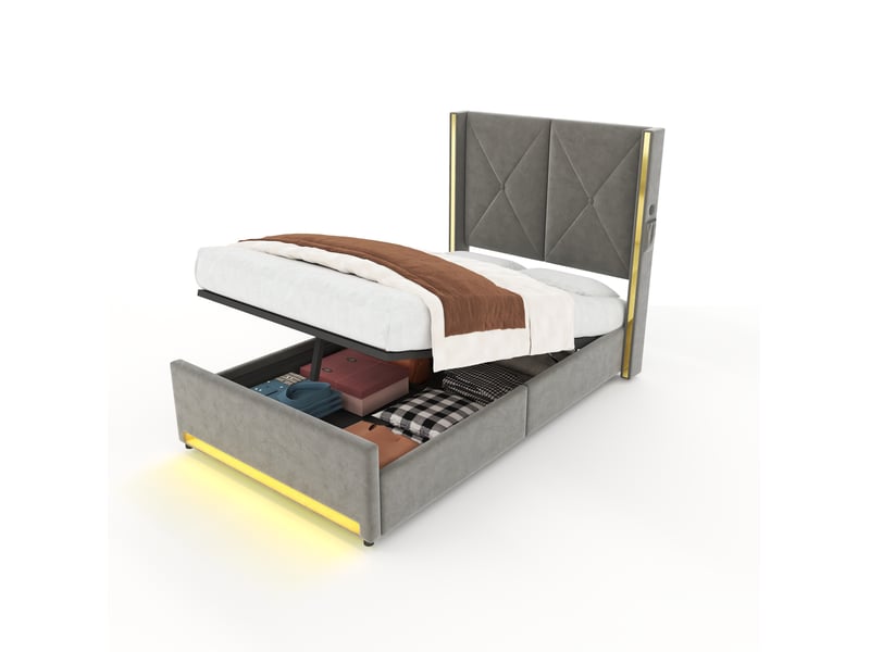  Lit coffre enfant 90x200 cm en velours gris foncé avec usb, type-c et led  - Conforama A