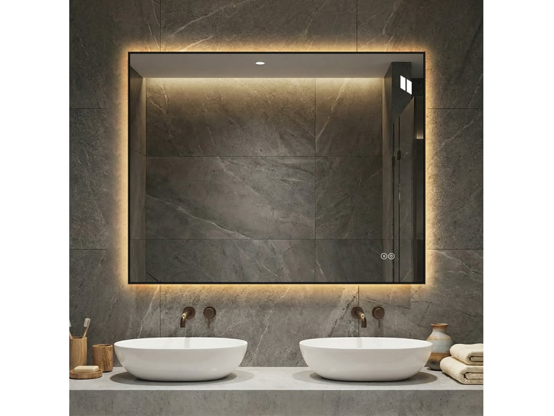  Miroir de salle de bains led 90x70 cm argent, cadre en aluminium, éclairage arrière réglable et antibuée  - Conforama D