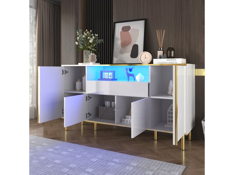  Buffet 4 portes avec led, 150x40x80 cm, blanc brillant et doré  - Conforama D