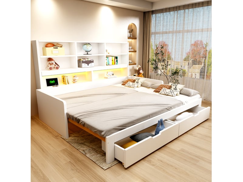 Lit gigogne 90180 x 200 cm rangement led blanc - Conforama B