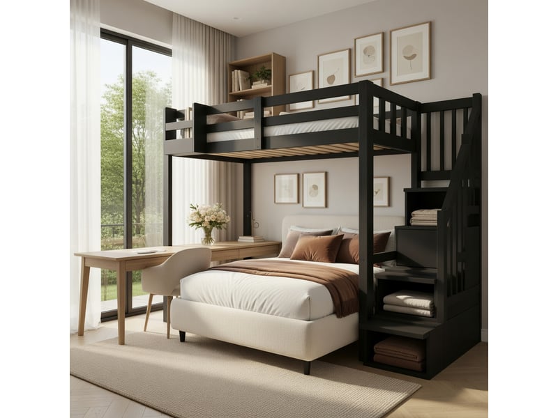  Lit mezzanine 90 x 200 cm, avec rangement, éclairage led et escalier, noir  - Conforama B