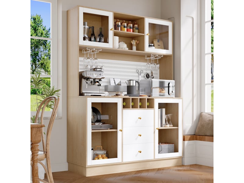  Armoire de cuisine, rangement bouteilles et verres, avec éclairage led, coloris blanc, pour salon, design moderne, pour intérieur  - Conforama R