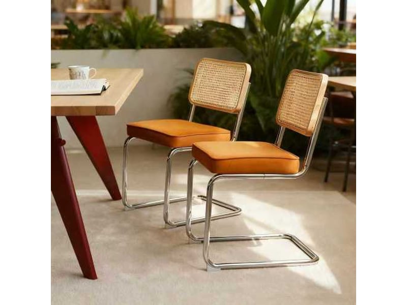  Ensemble 2 chaises de salle à manger velours et rotin, pieds chromés, style mid-century breuer, assises tapissées  - Conforama B