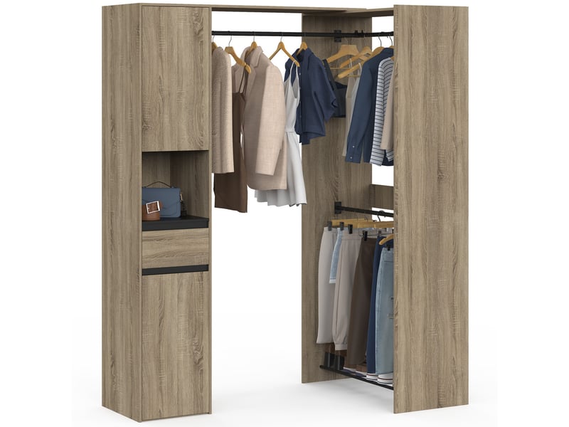 Dressing d'angle modulable l. 145 - 203 cm melman triple penderie + portes + tiroir + étagères bois et noir - Conforama A