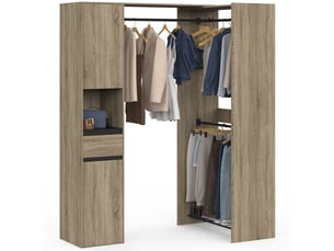 Dressing d'angle modulable l. 145 - 203 cm melman triple penderie + portes + tiroir + étagères bois et noir
