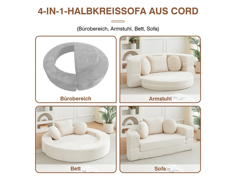 Canapé convertible 4-en-1 en velours côtelé, demi-lune ou lit rond, 3 coussins inclus, sans montage, design compact - Conforama D