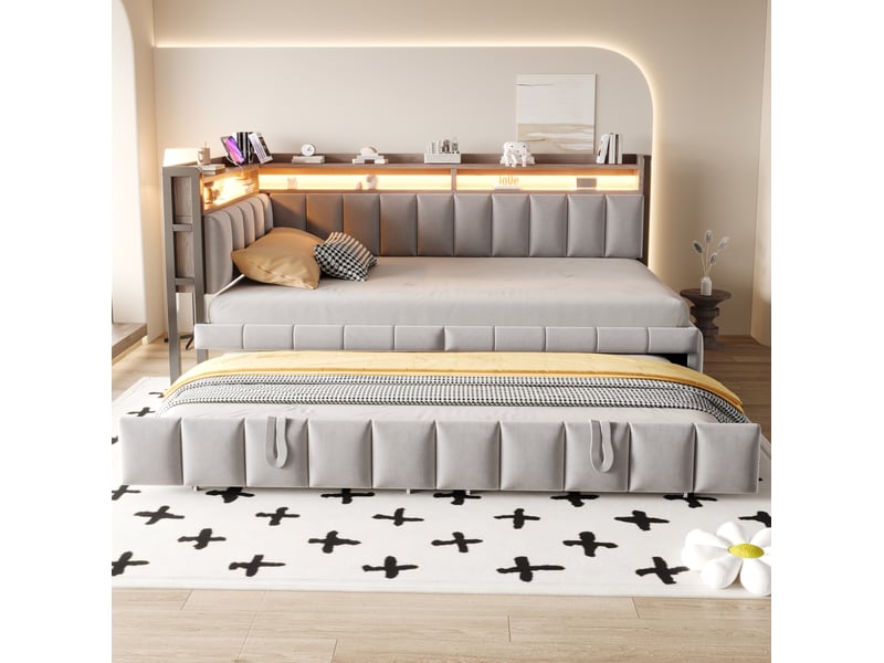 Lit enfant gigogne 90x200cm+90x190cm led, rangement, ports usb‑c, sommier à lattes, velours gris clair sans matelas - Conforama B