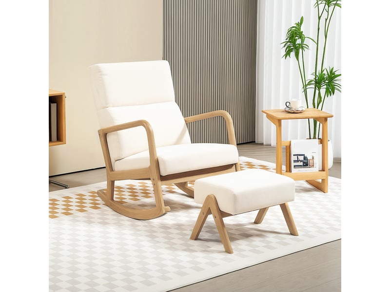 Fauteuil à bascule avec repose-pieds, revêtement souple aspect lin, structure en bois, blanc crème - Conforama D