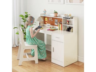 Bureau enfant avec chaise, bureau avec rangement étagère tiroir armoire, panneau en liège, table chaise enfant pour manger (blanc)