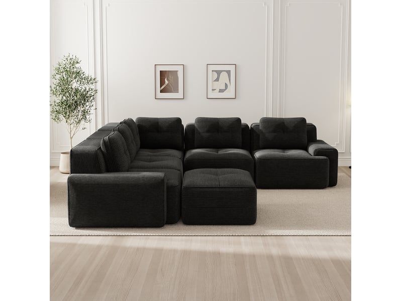  Canapé d'angle modulaire modenvie 5 places en velours côtelé noir, 295 x 295 x 69 cm, assise profonde 74 cm, mousse haute densité 32d, sans montage  - Conforama D