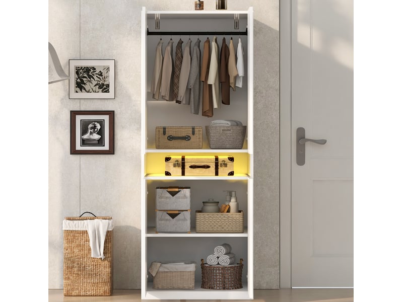  Armoire avec led blanche 70 x 55 x 180 cm en mdf, avec penderie et rangement pour une chambre organisée  - Conforama E