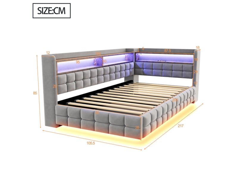 Lit banquette enfant 90x200 cm, lit avec rangement, éclairage led, gain de place, prises usb, finition velours gris clair, sans matelas - Conforama C