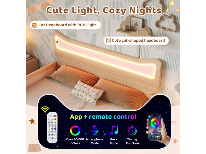 Lit enfant 90x190 cm avec tiroir - tête de lit oreilles de chat led rgb - barrières de sécurité - blanc et chêne - Conforama D